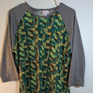 LuLaRoe Women's XL Shirt Gray w/ Green Yellow Palm Print Pullover Top 3/4 Sleeve